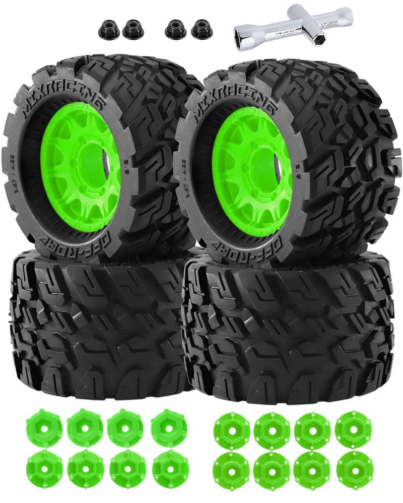 Rcarmumb RC Truck Wheel Tires for 1/10 Rustler Stampede Hoss,Arrm a Granite Vorteks Big Rock,Axial Losi Redcat Rc4wd,12mm/14mm Hex Rc Truck Tires,4pcs,Green - Image 1